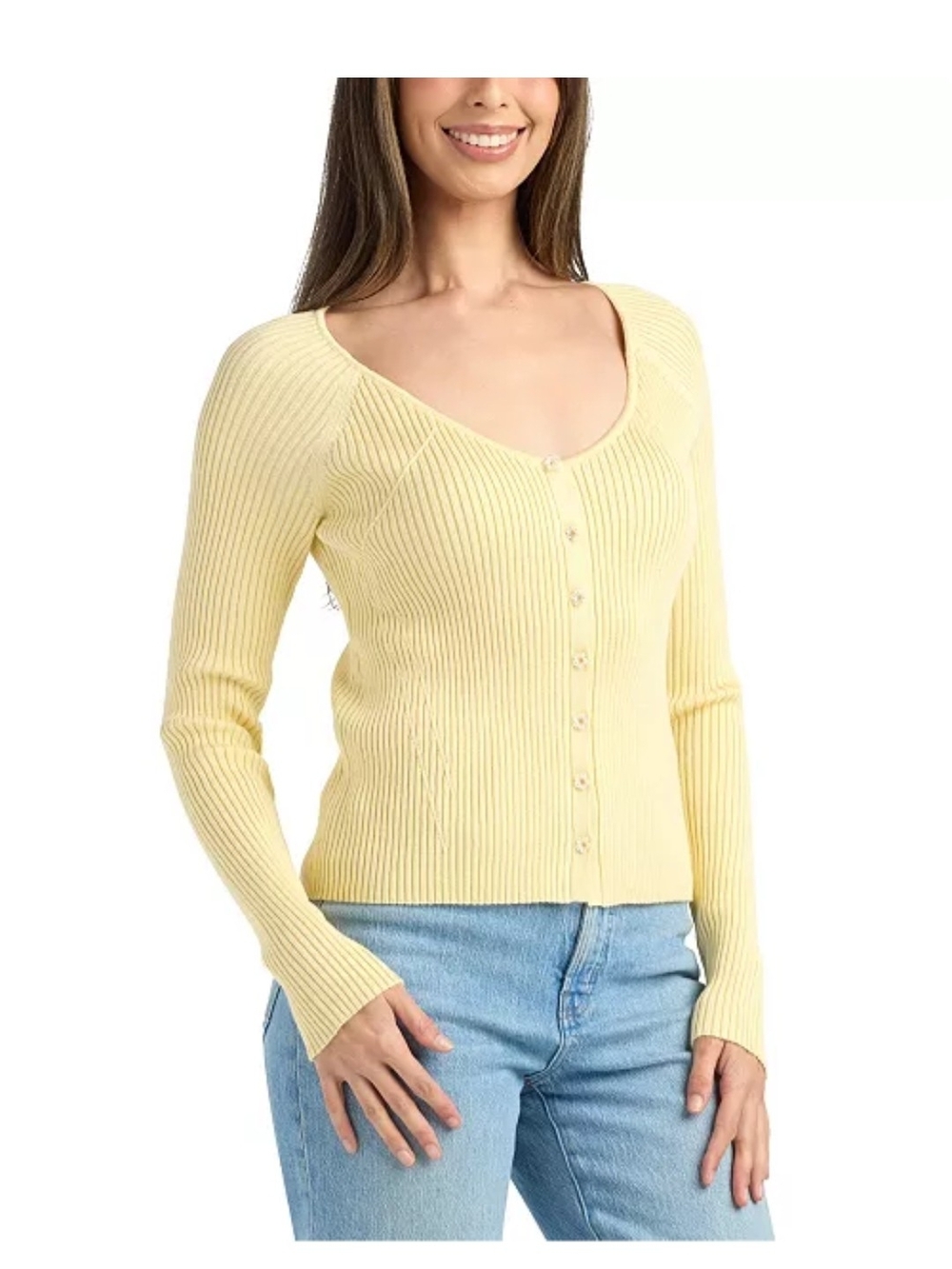 BCX Pale Yellow Ribbed Button-Front Cardigan